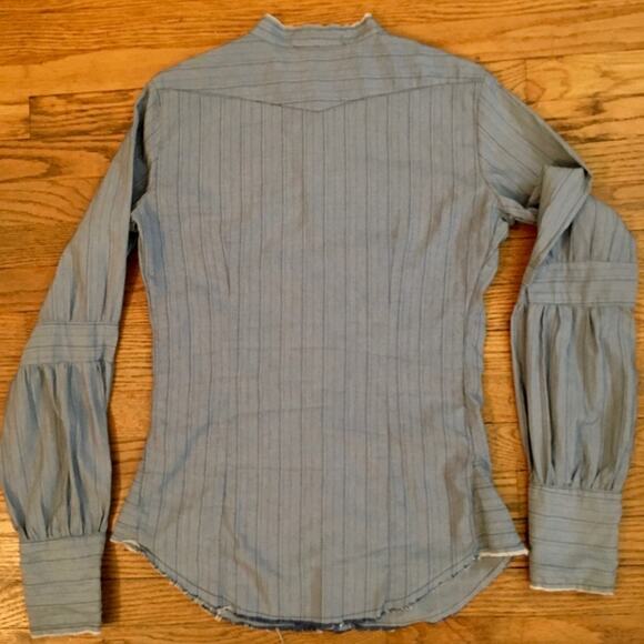 Y2K Joie Blue Pinstripe Blouse XS – Frayed Trim & Pleated Sleeves - Picture 5 of 10